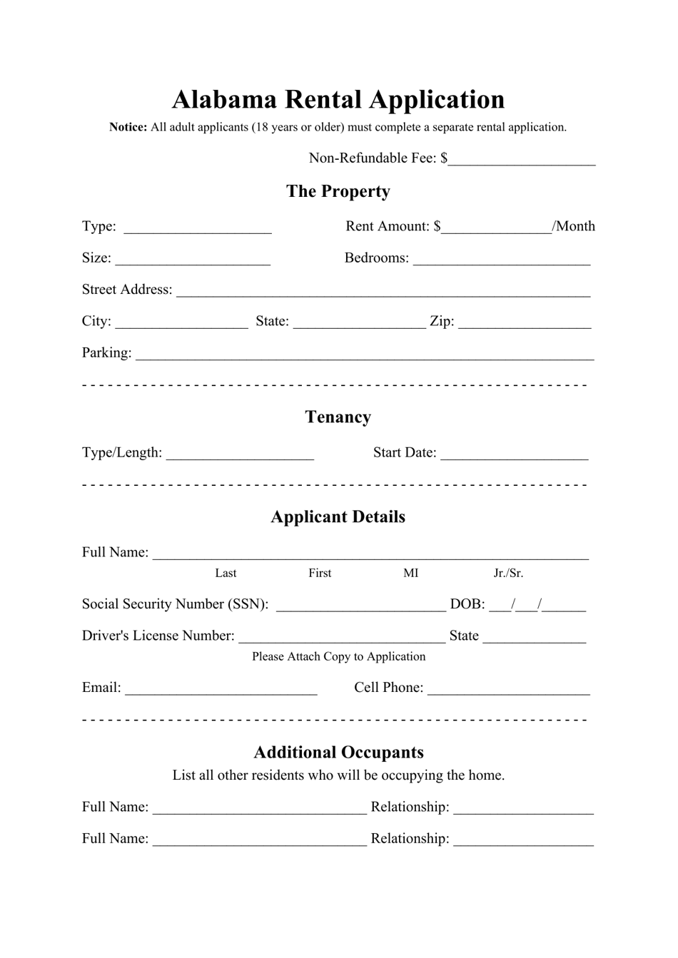 alabama rental application form download printable pdf