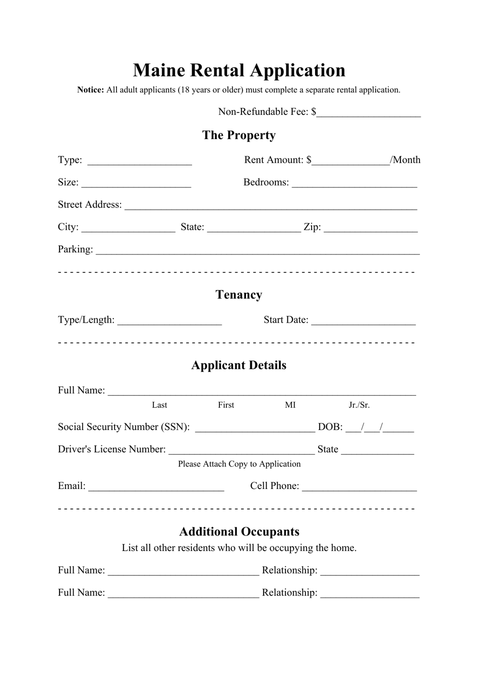 Rental Application Form - Maine, Page 1