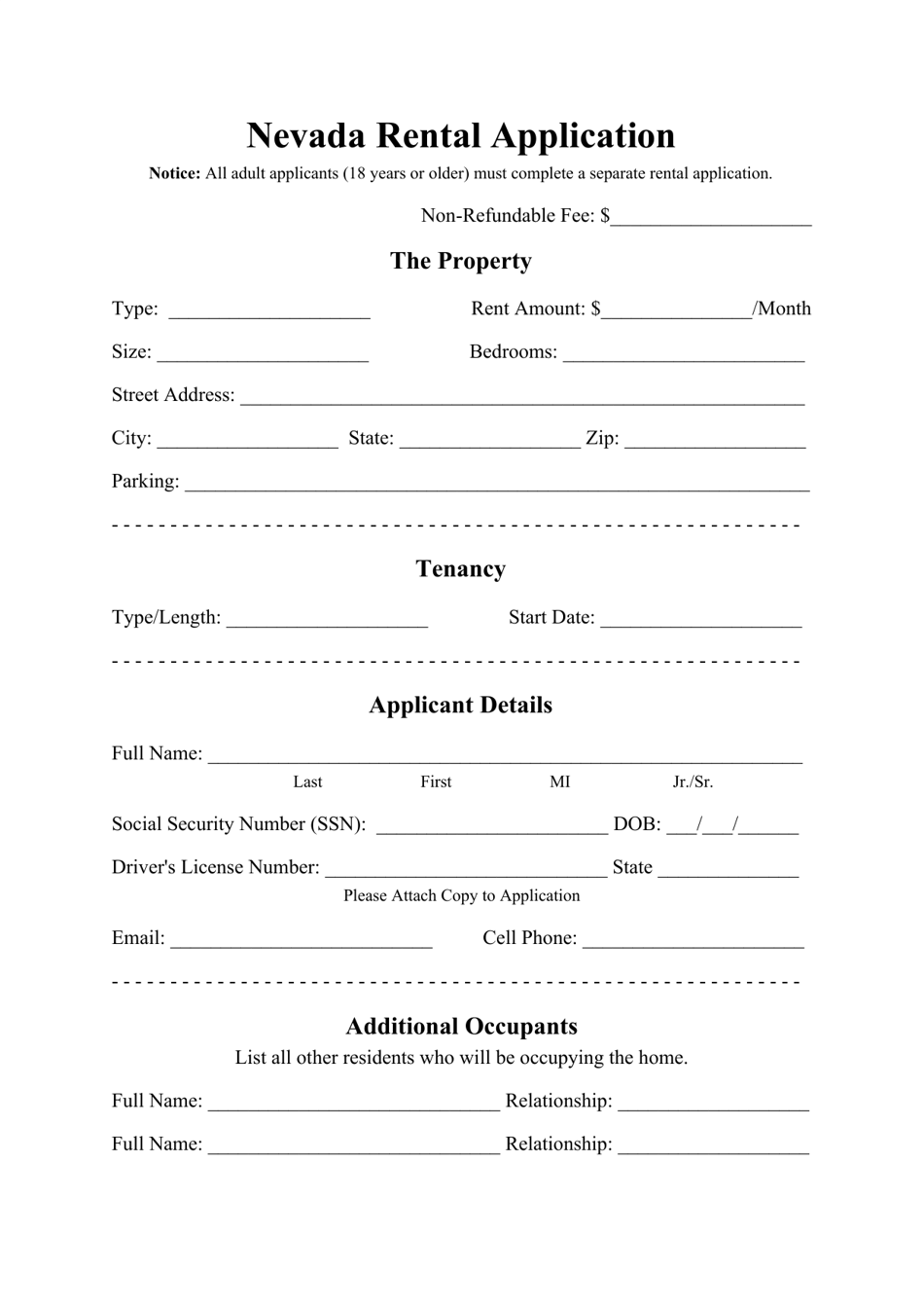 Rental Application Form - Nevada, Page 1