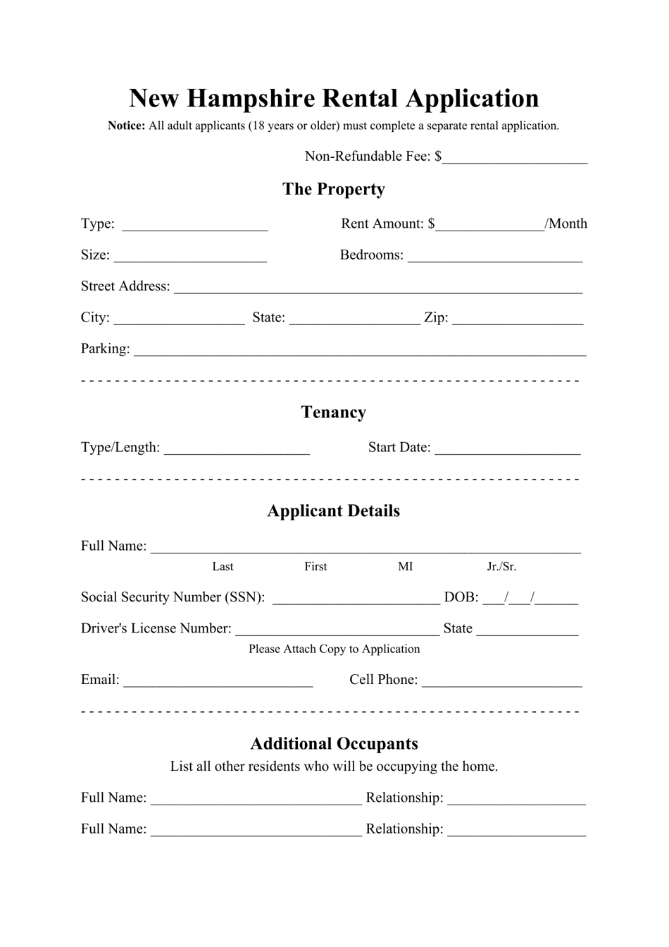 New Hampshire Rental Application Form Fill Out, Sign Online and