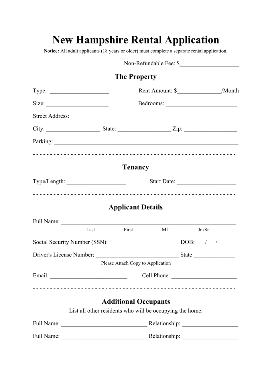 Rental Application Form - New Hampshire, Page 1
