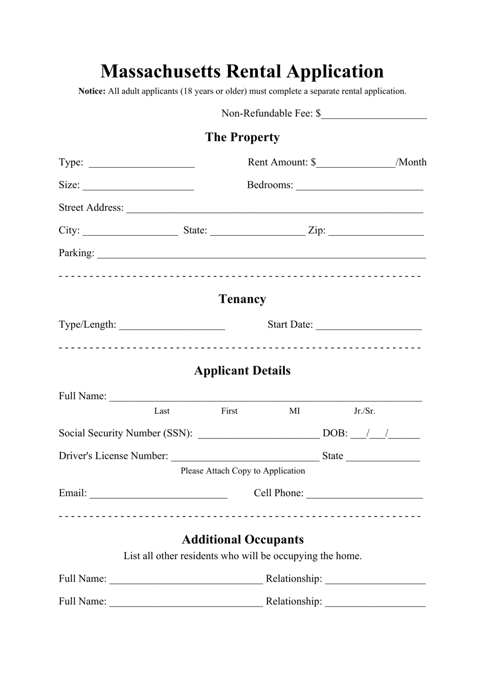 Rental Application Form - Massachusetts, Page 1