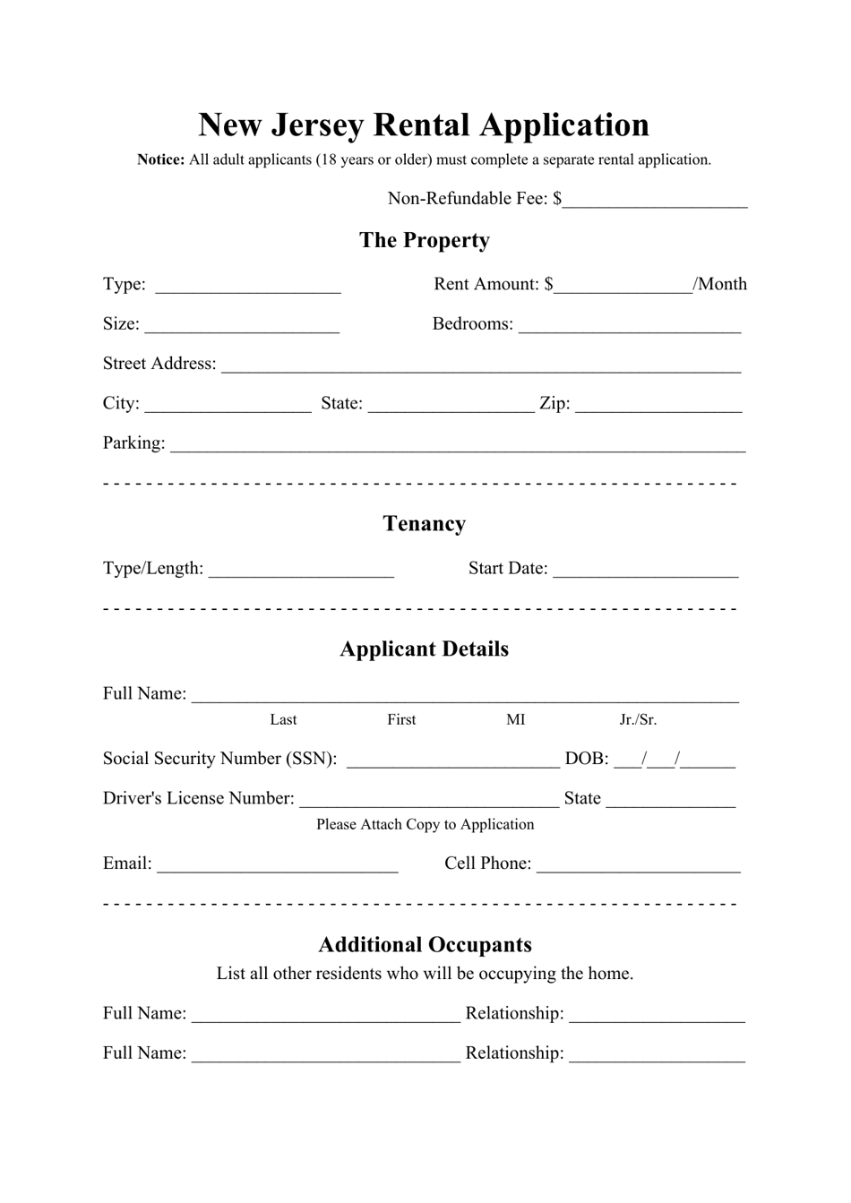 Rental Application Form - New Jersey, Page 1