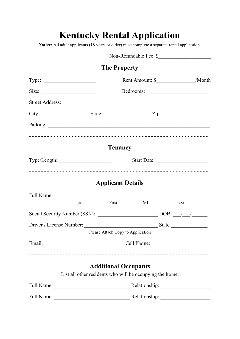 Rental Application Form - Kentucky, Page 1