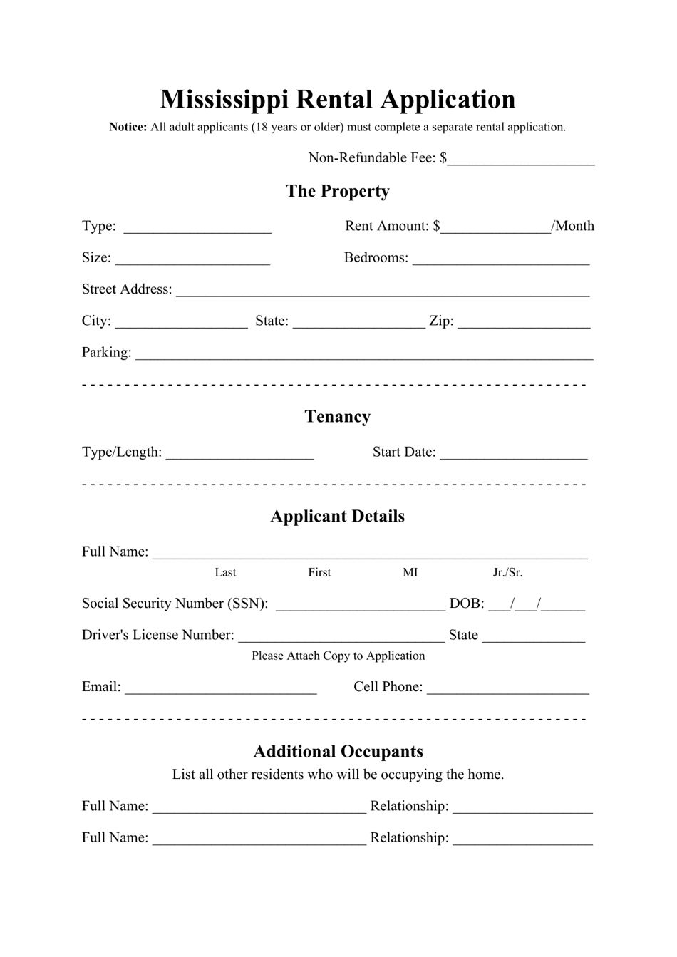 Rental Application Form - Mississippi, Page 1