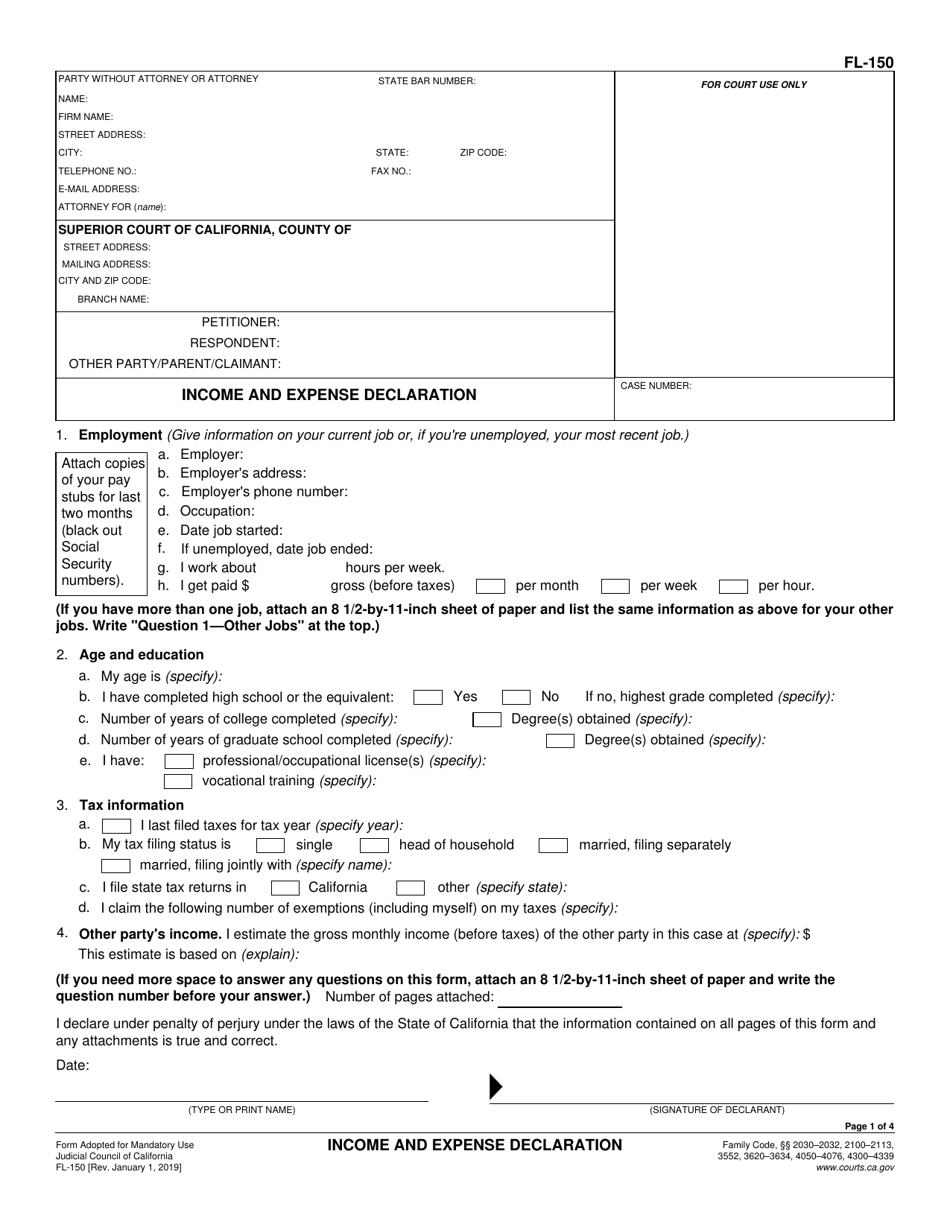 Form FL-150 Income and Expense Declaration - California, Page 1