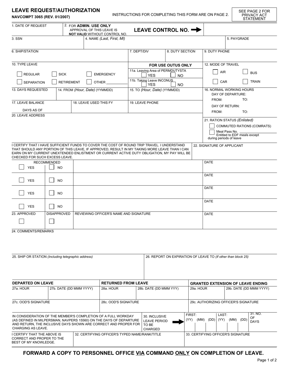 NAVCOMPT Form 3065 Leave Request / Authorization, Page 1