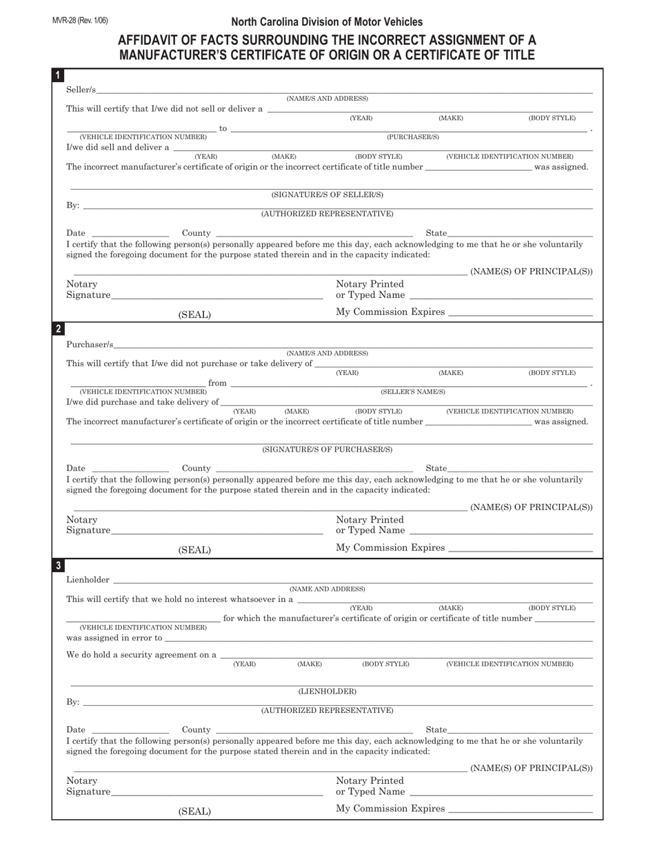 Form MVR-28 Affidavit of Facts Surrounding the Incorrect Assignment of a Manufacturers Certificate of Origin or a Certificate of Title - North Carolina, Page 1