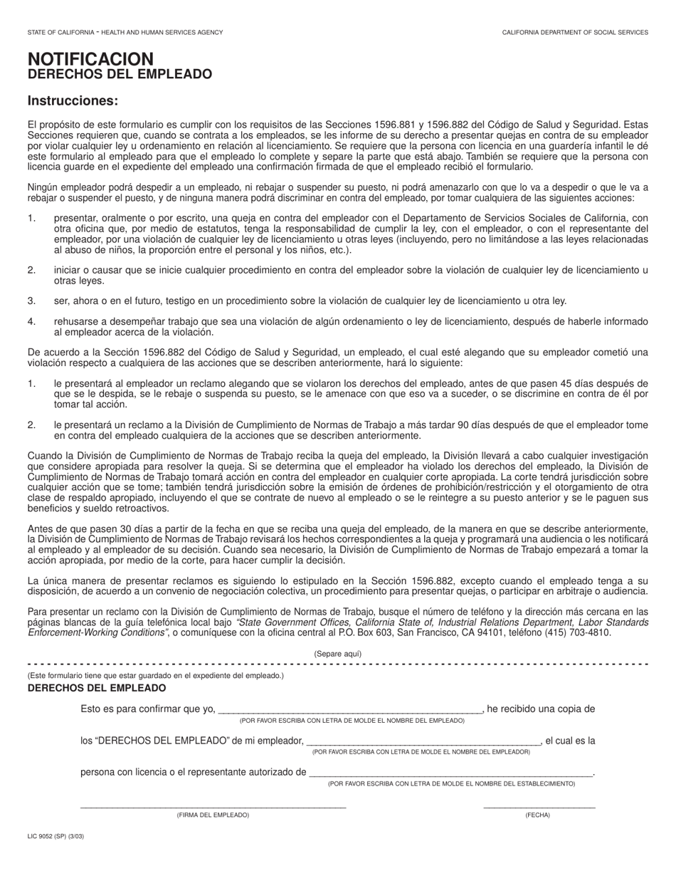 Formulario LIC9052 (SP) Notificacion Derechos Del Empleado - California (Spanish), Page 1