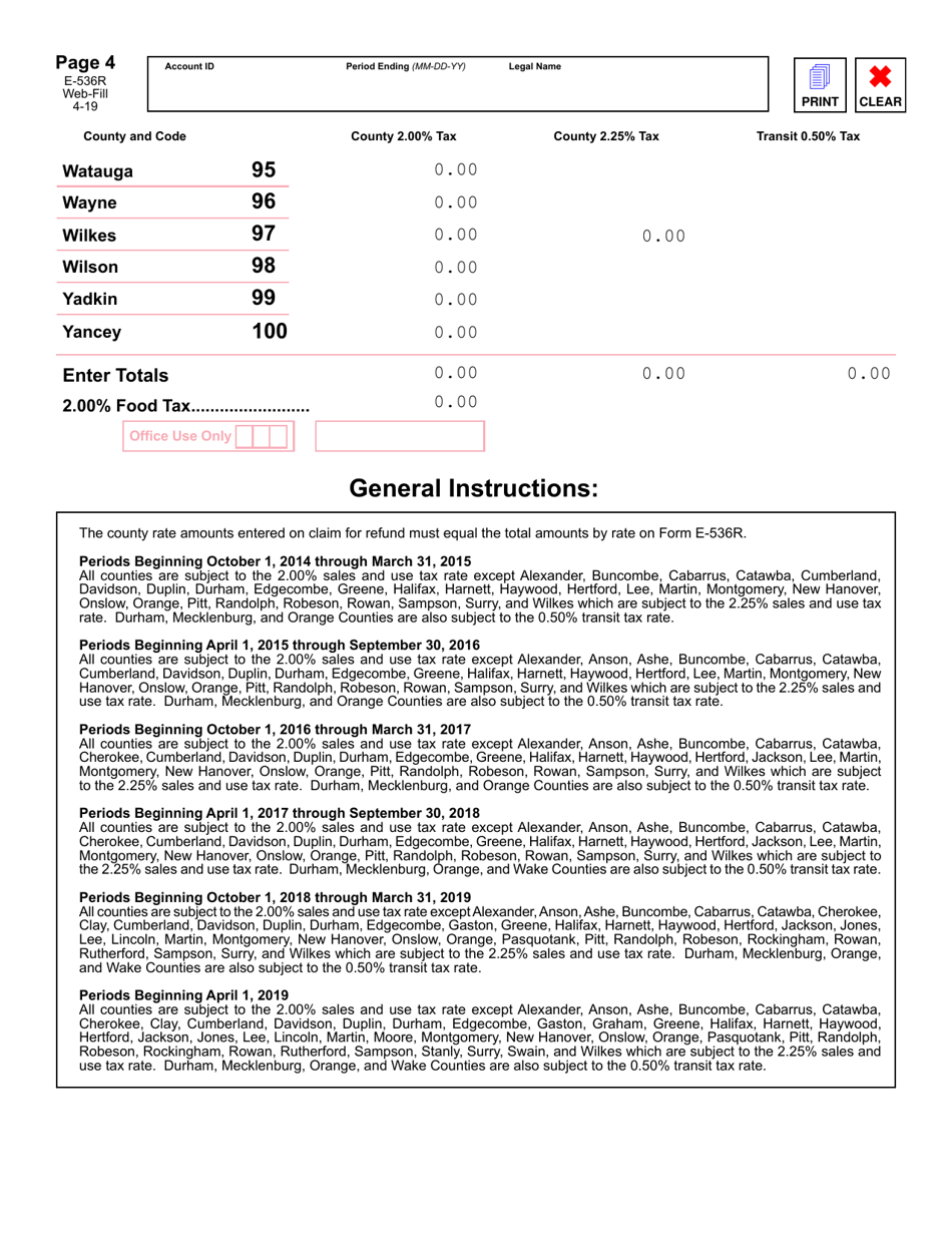 Form E-536R Schedule of County Sales and Use Taxes for Claims for Refund - North Carolina, Page 4