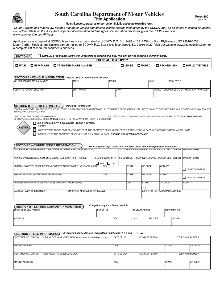 Form 400 Download Fillable Pdf Or Fill Online Title Application South 