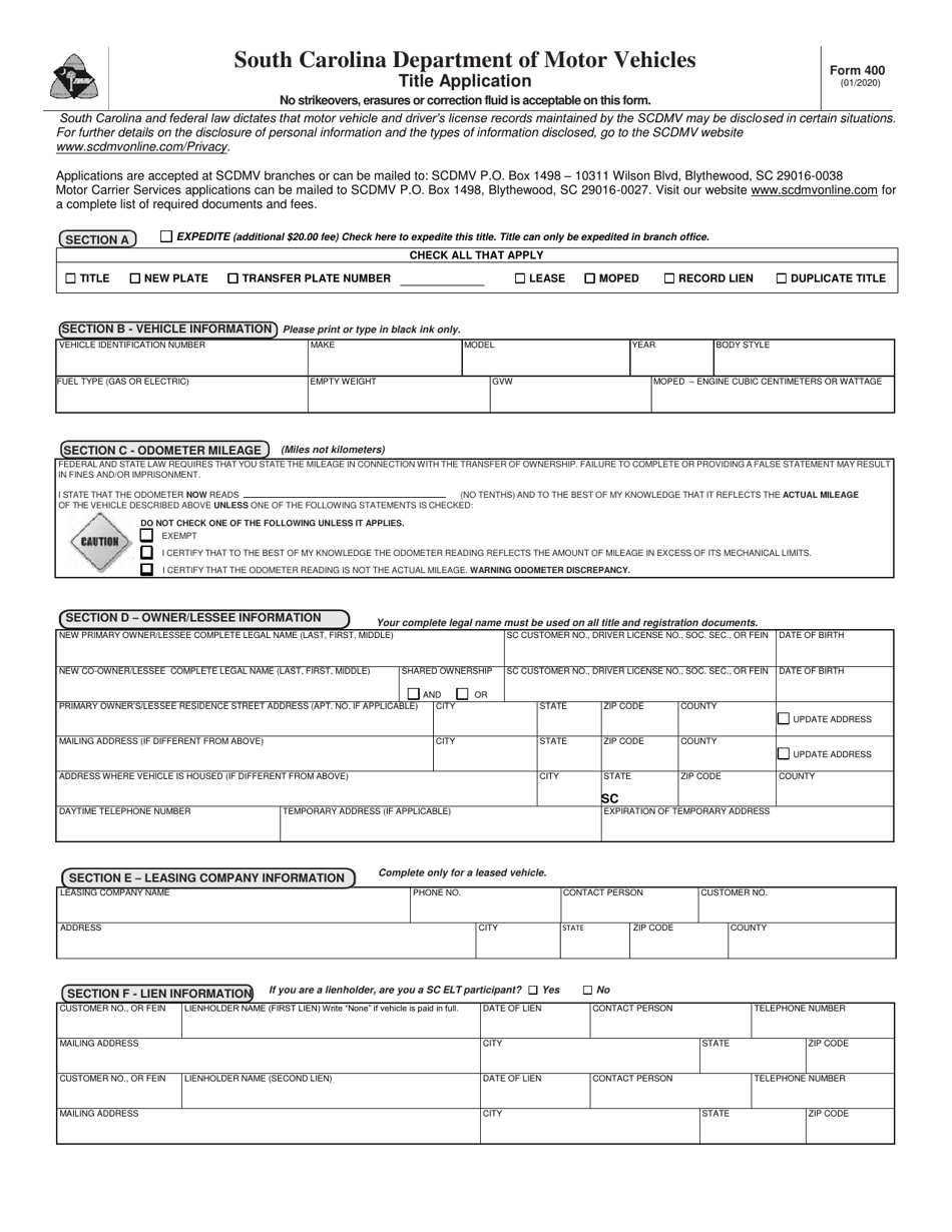 Form 400 Title Application - South Carolina, Page 1