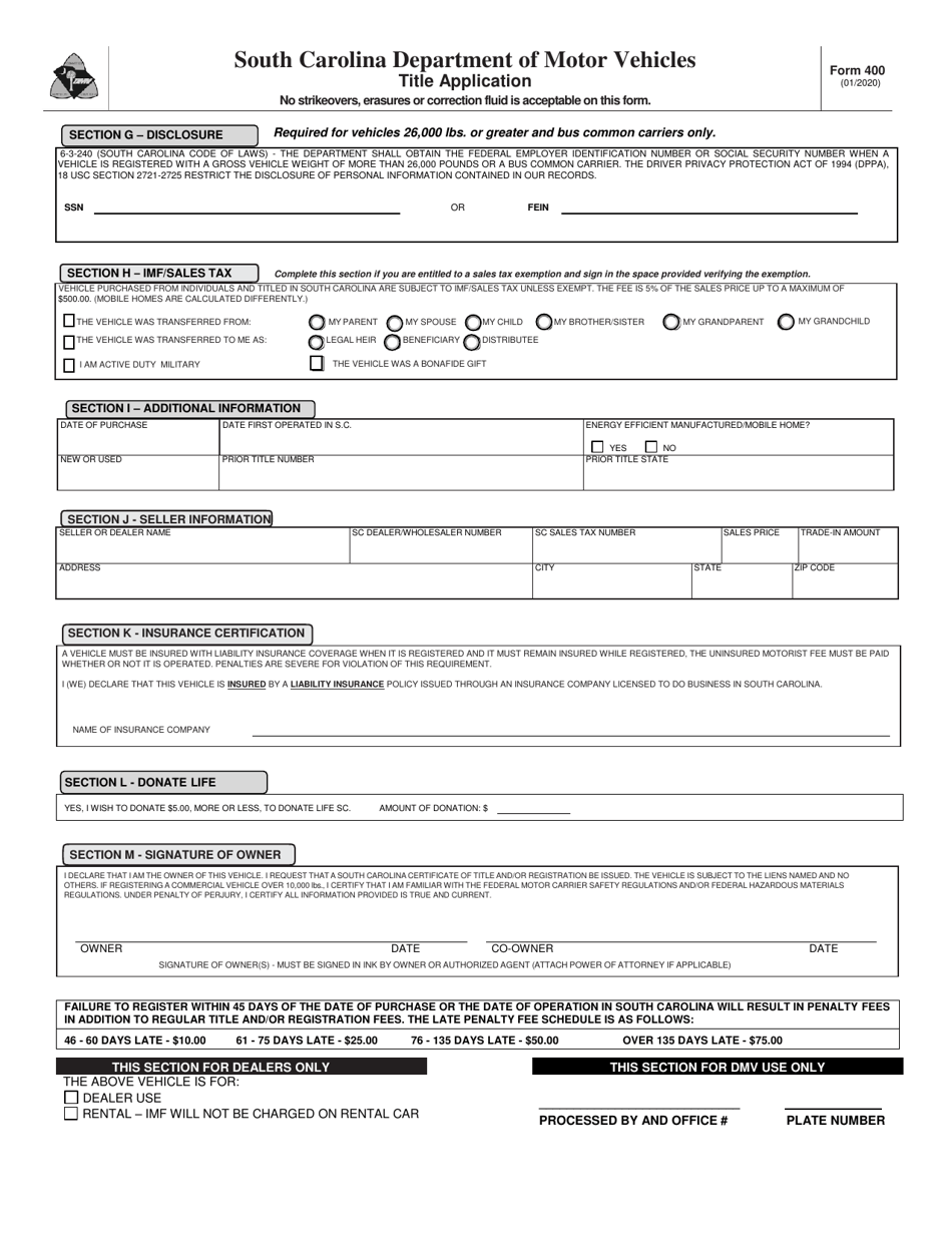 Form 400 Download Fillable PDF Or Fill Online Title Application South 