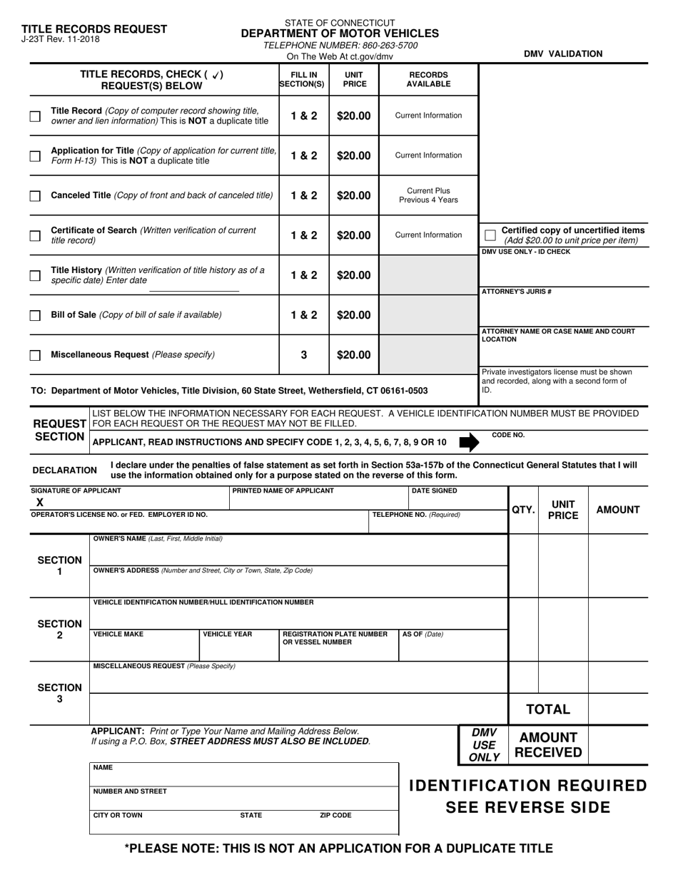 Form J-23T Title Records Request - Connecticut, Page 1