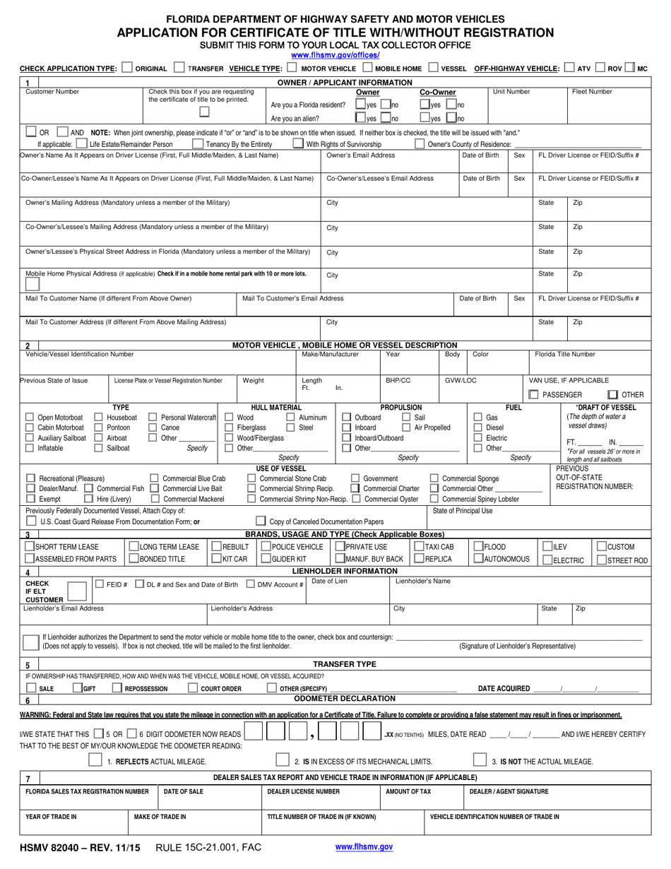 Form HSMV82040 Application for Certificate of Title With / Without Registration - Florida, Page 1