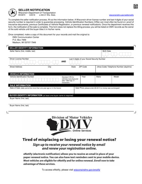 Form MV2870 Seller Notification - Wisconsin