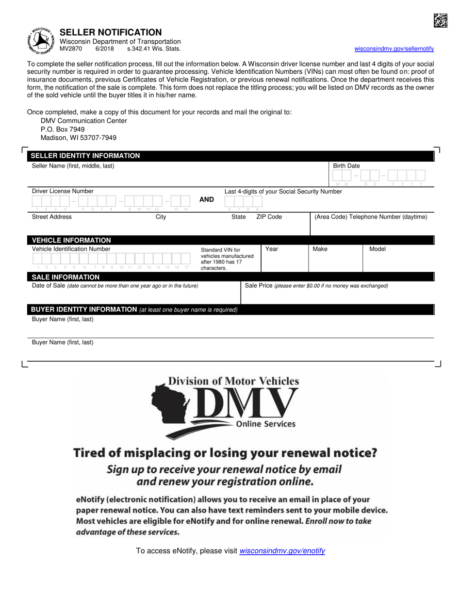 Form MV2870 Seller Notification - Wisconsin, Page 1
