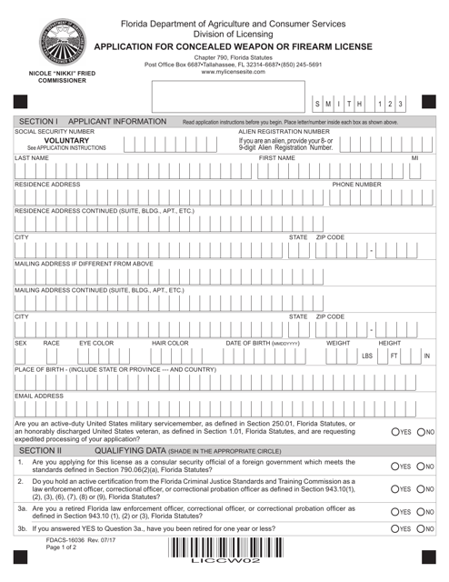 Form FDACS-16036  Printable Pdf