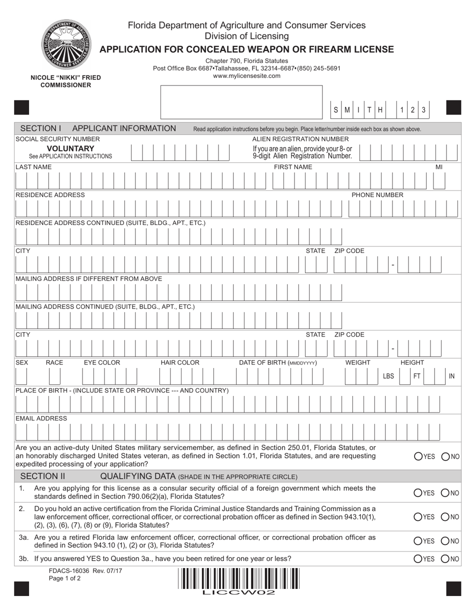Form FDACS-16036 Application for Concealed Weapon or Firearm License - Florida, Page 1