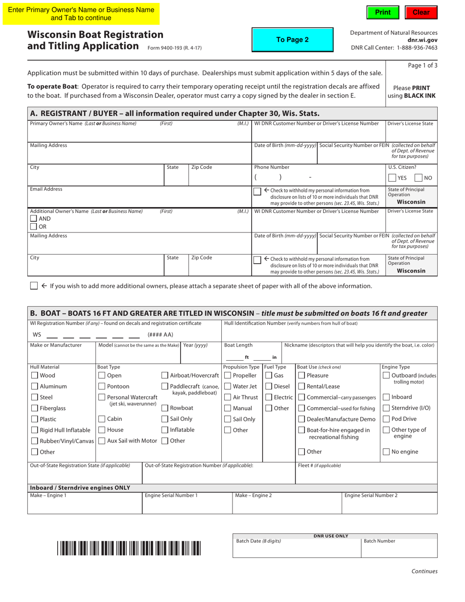Form 9400-193 Wisconsin Boat Registration and Titling Application - Wisconsin, Page 1