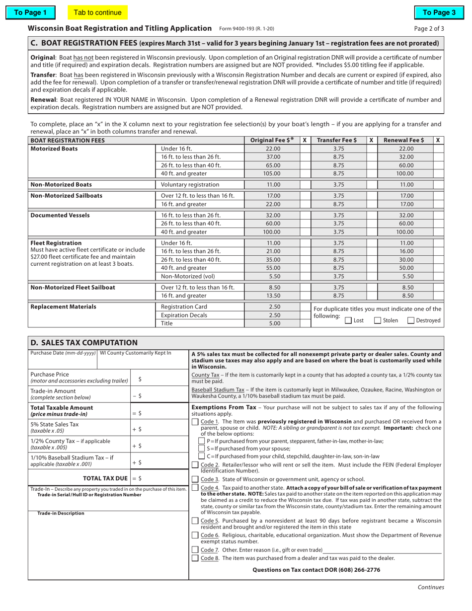 Form 9400-193 Wisconsin Boat Registration and Titling Application - Wisconsin, Page 2