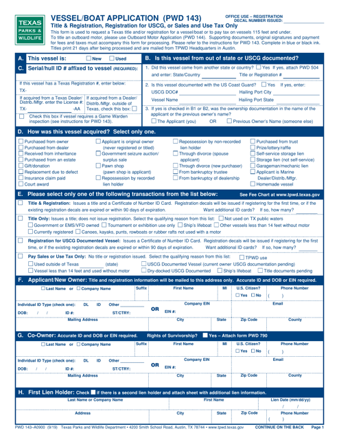 Form PWD143 Vessel/Boat Application - Texas