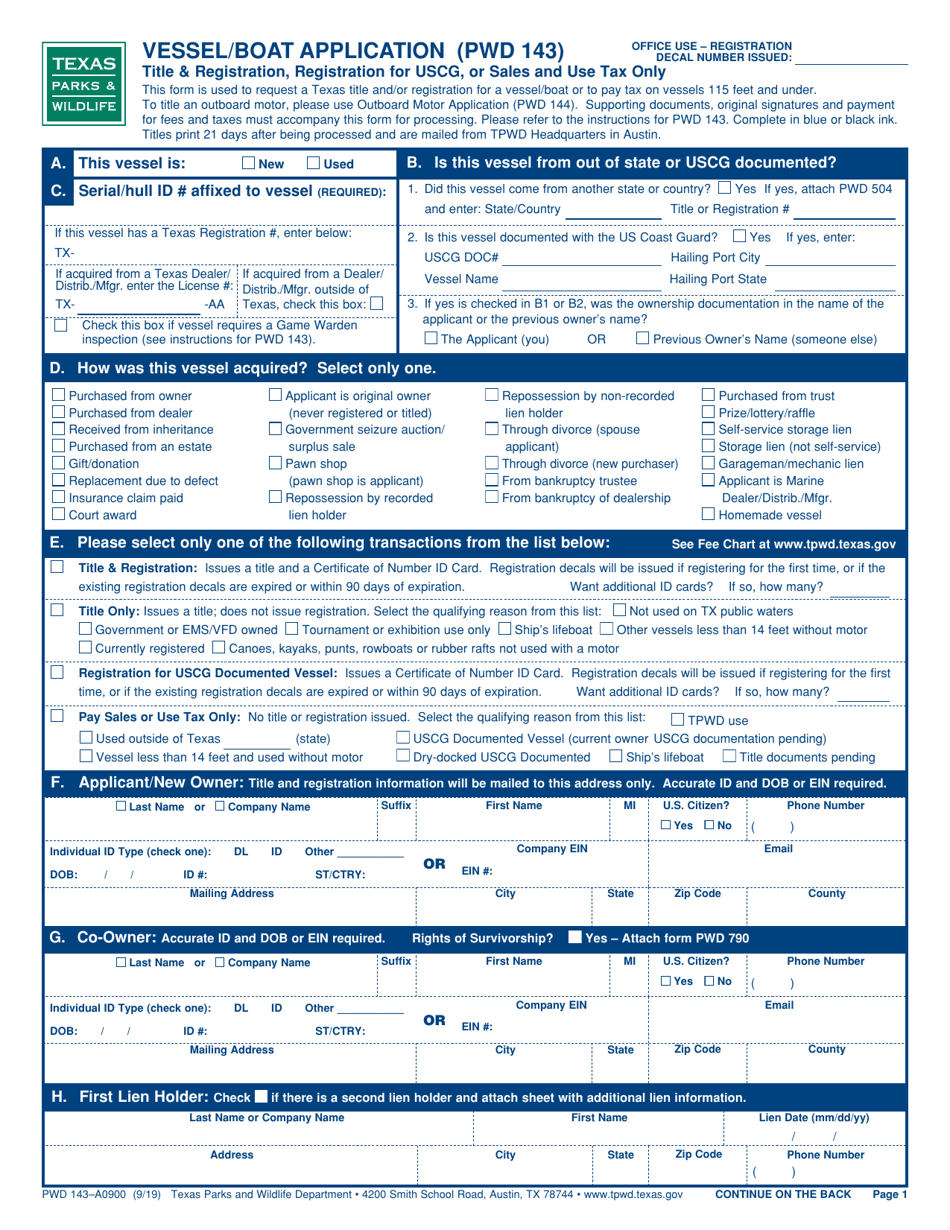 Form PWD143 Vessel / Boat Application - Texas, Page 1