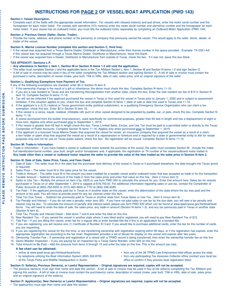 Form PWD143 Vessel / Boat Application - Texas, Page 3
