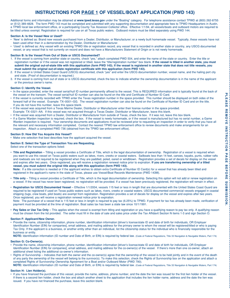 Form PWD143 Vessel / Boat Application - Texas, Page 4