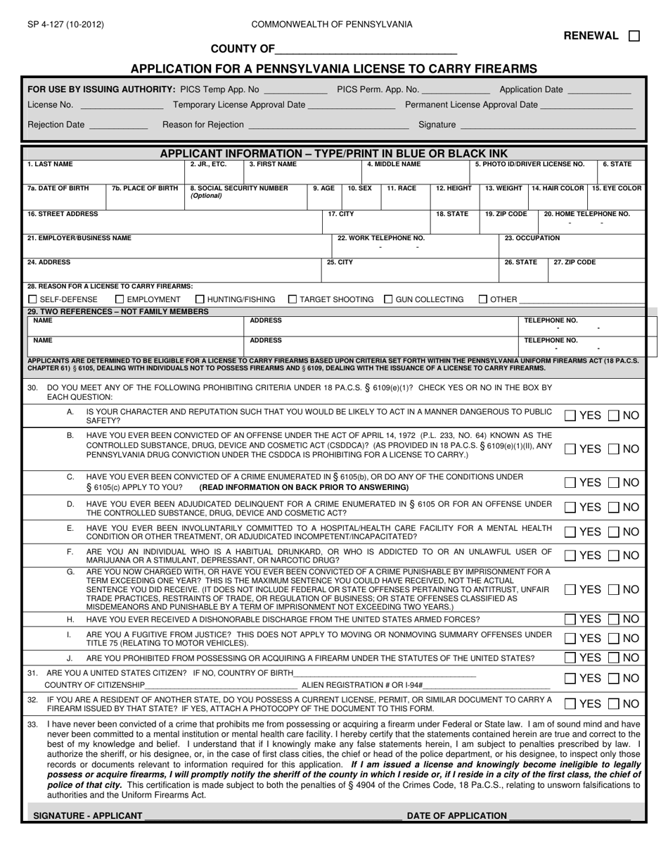 Form SP4-127 Application for a Pennsylvania License to Carry Firearms - Pennsylvania, Page 1