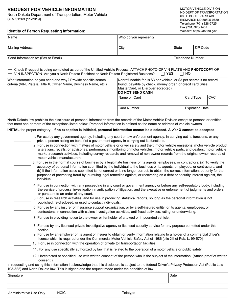 Form SFN51269 Request for Vehicle Information - North Dakota, Page 1