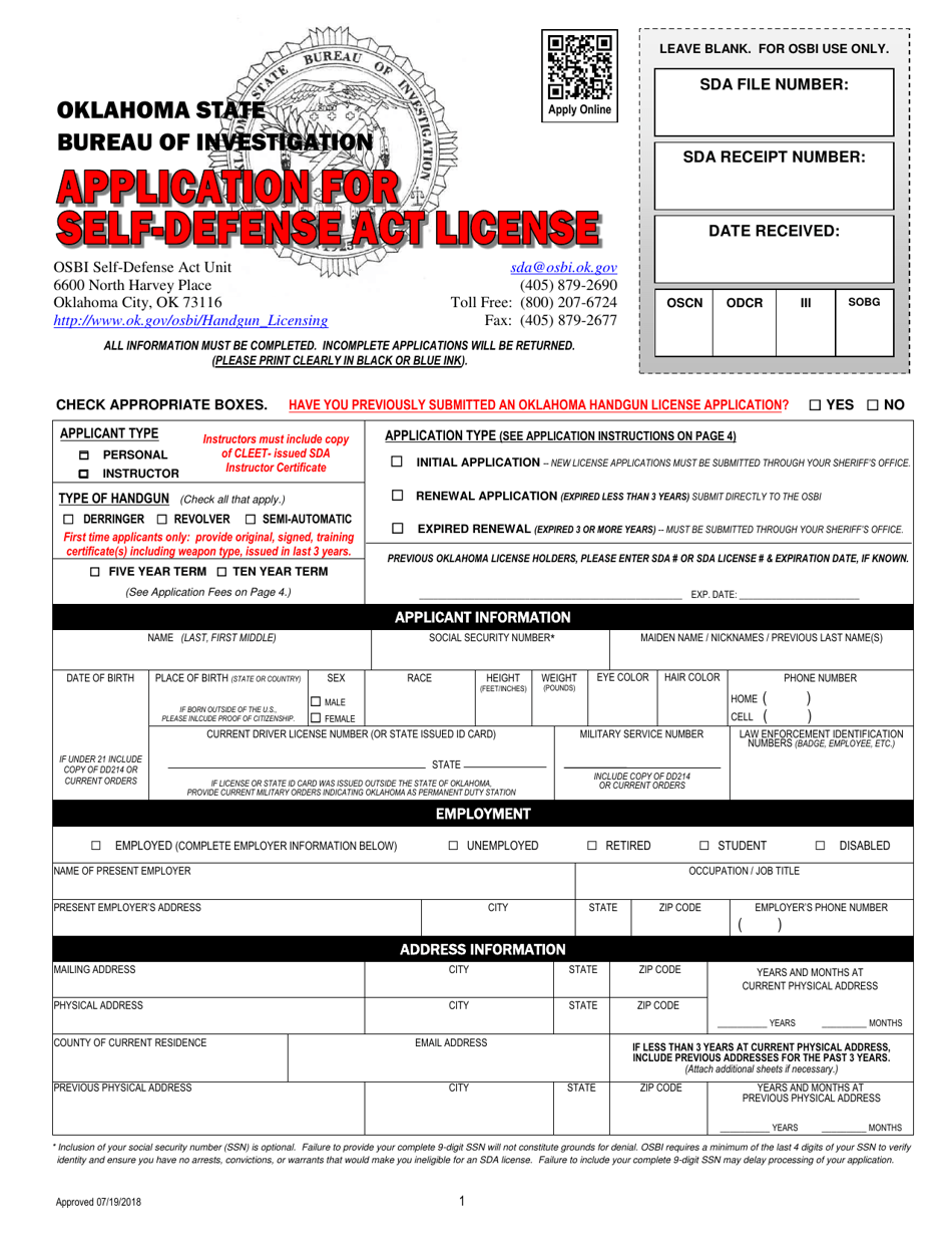Application for Self-defense Act License - Oklahoma, Page 1