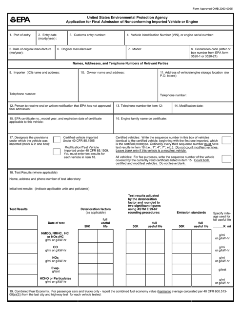 EPA Form 3520-8 Application for Final Admission of Nonconforming Imported Vehicle or Engine