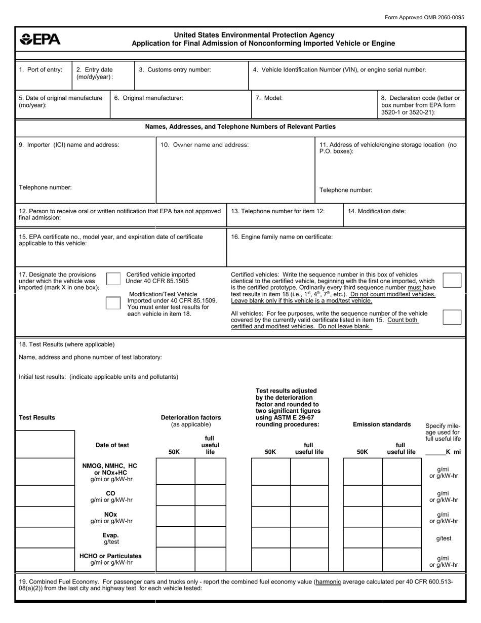 EPA Form 3520-8 Application for Final Admission of Nonconforming Imported Vehicle or Engine, Page 1