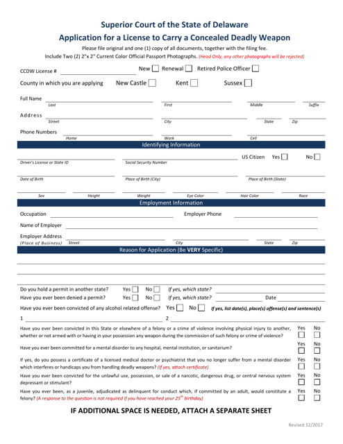 Application for a License to Carry a Concealed Deadly Weapon - Delaware Download Pdf