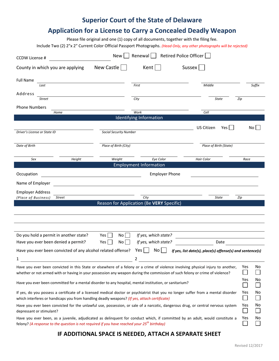 Application for a License to Carry a Concealed Deadly Weapon - Delaware, Page 1