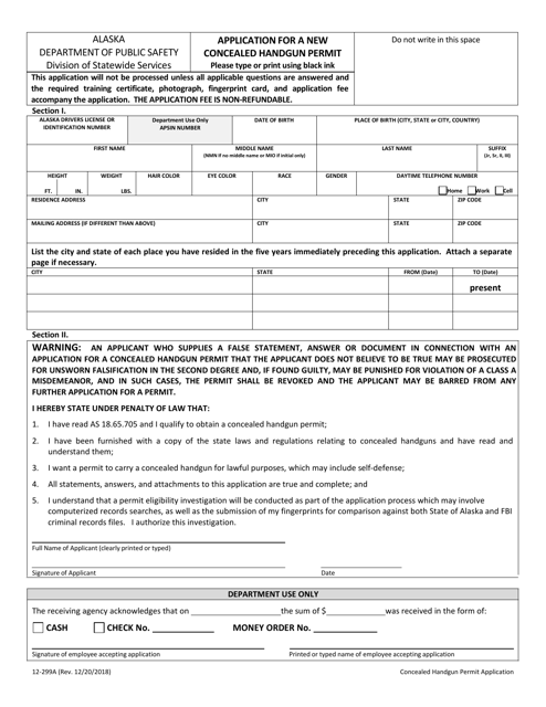 Form 12-299A Application for a New Concealed Handgun Permit - Alaska