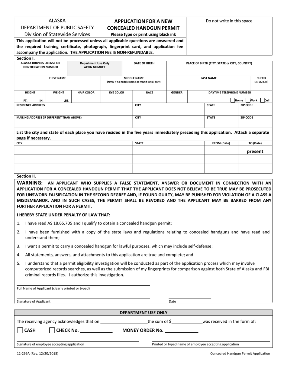 Form 12-299A Application for a New Concealed Handgun Permit - Alaska, Page 1