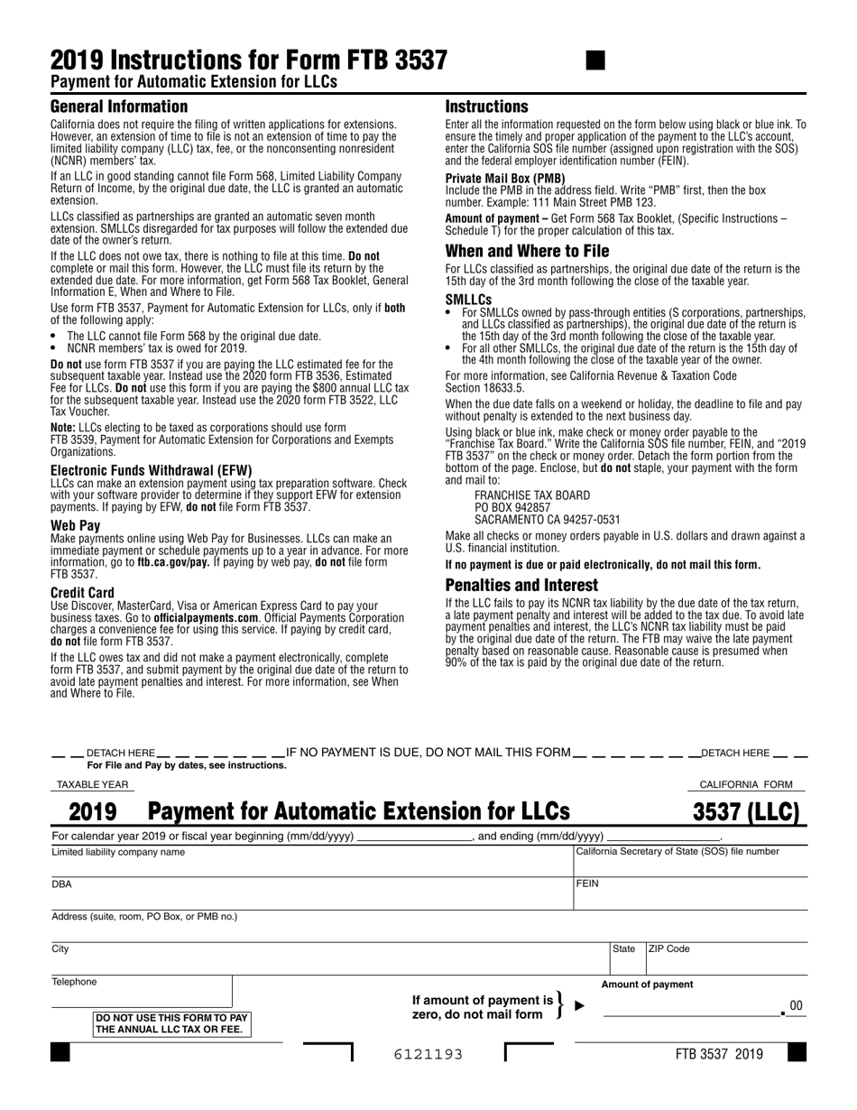 Form Ftb3537 Download Fillable Pdf Or Fill Online Payment For Automatic Extension For Llcs 2019 California Templateroller