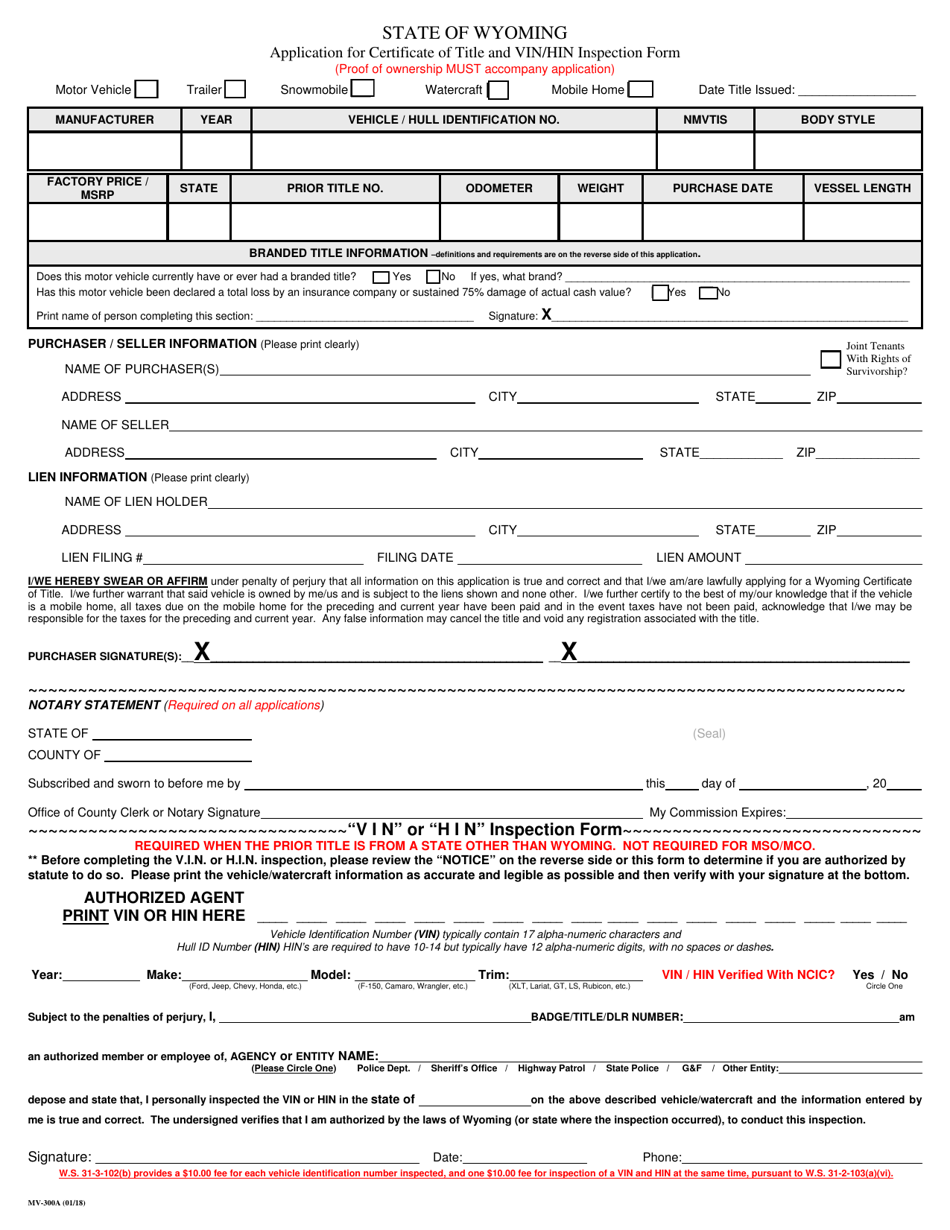 Form Mv-300a - Fill Out, Sign Online And Download Fillable Pdf, Wyoming 