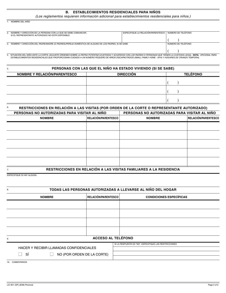 Formulario LIC601 (SP) Identificaci n E Informaci n De Emergencia - California (Spanish), Page 2