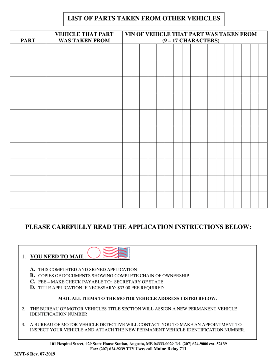 Form MVT-6 Application and Assignment of New Vehicle Identification Number - Maine, Page 2