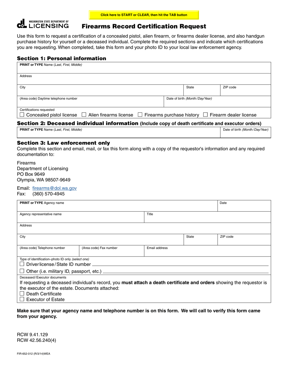 Form FIR-652-012 Firearms Record Certification Request - Washington, Page 1