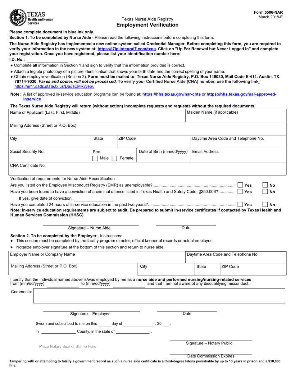 Form 5506-NAR Texas Nurse Aide Registry Employment Verification - Texas, Page 1