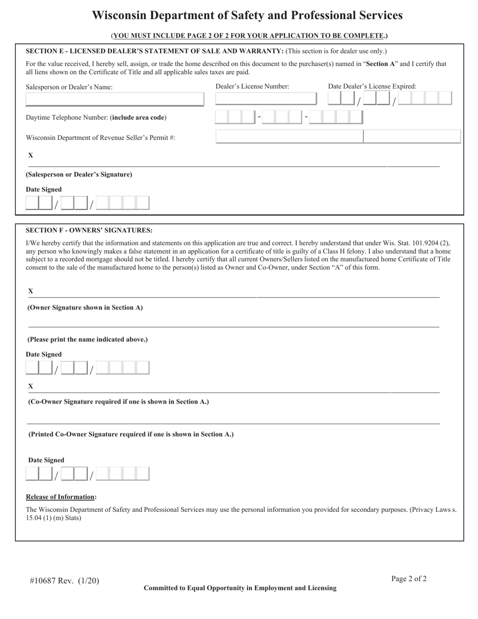 Form 10687 Manufactured Home Certificate of Title Application - Wisconsin, Page 3