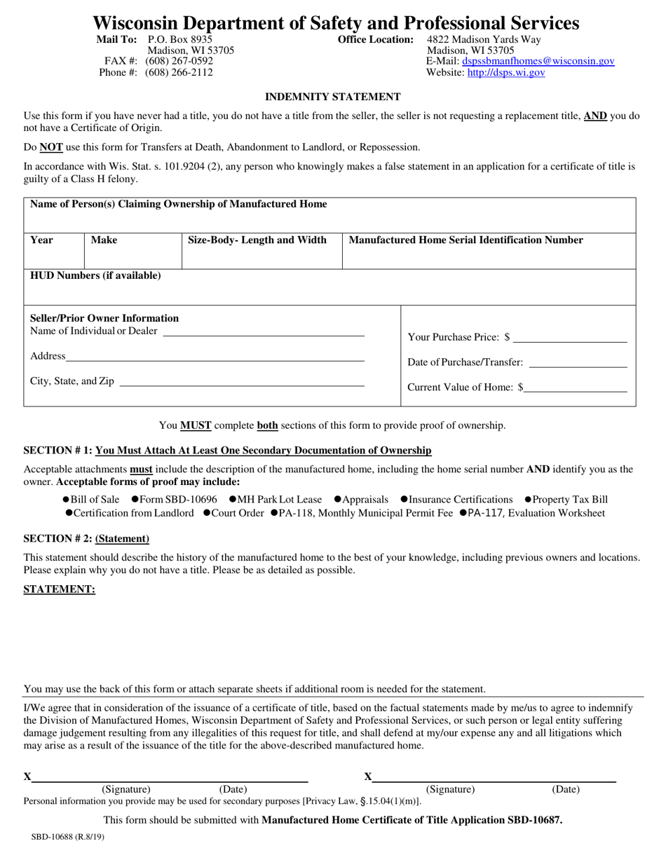 Form SBD-10688 Indemnity Statement - Wisconsin, Page 1
