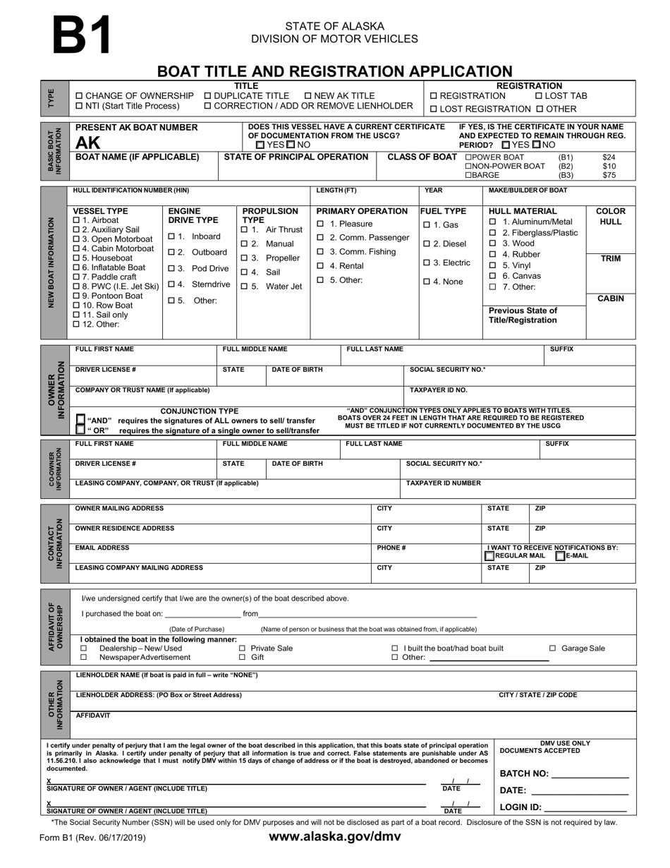 Form B1 Boat Title and Registration Application - Alaska, Page 1