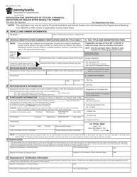Document preview: Form MV-217A Application for Certificate of Title by a Financial Institution or Dealer After Default by Owner - Pennsylvania