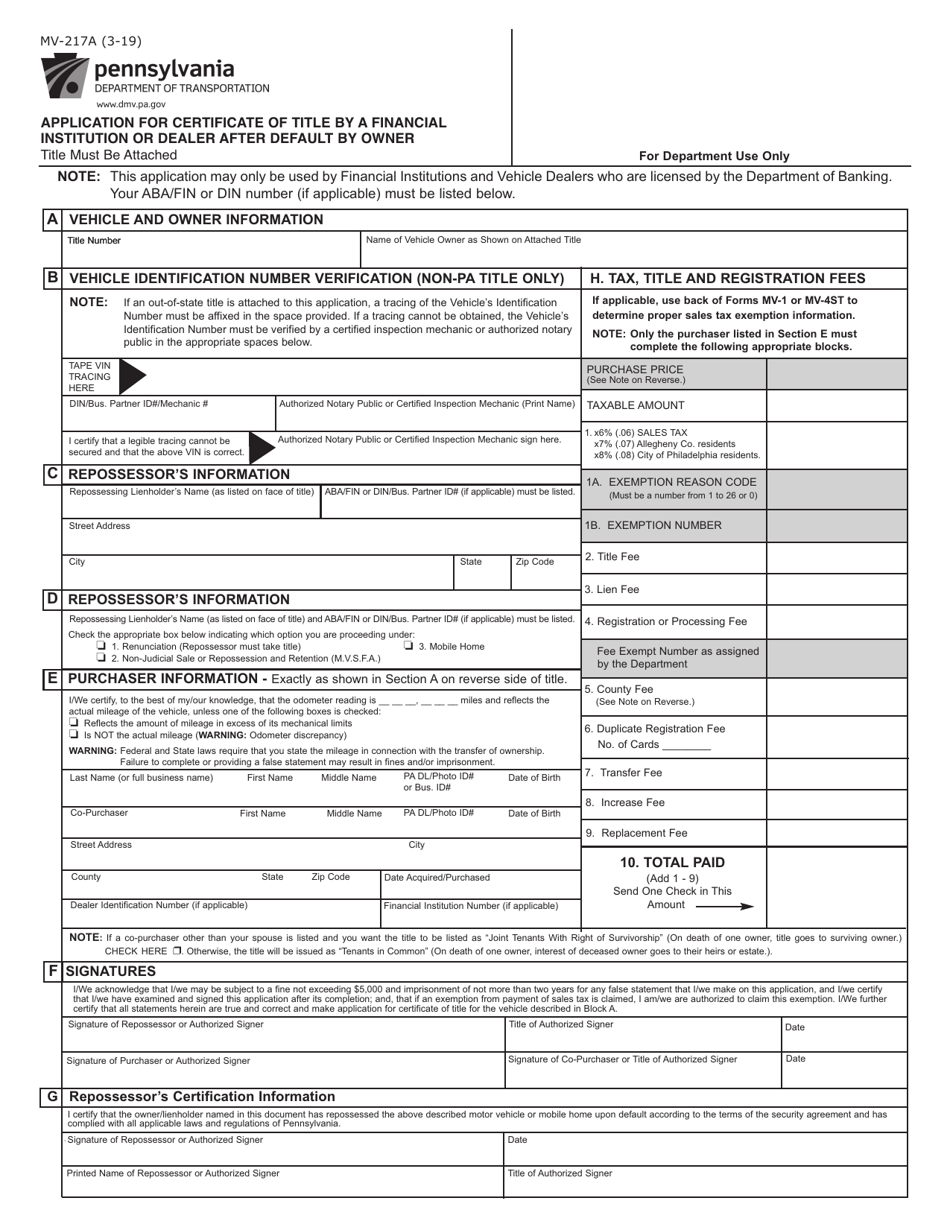 Form MV-217A Application for Certificate of Title by a Financial Institution or Dealer After Default by Owner - Pennsylvania, Page 1