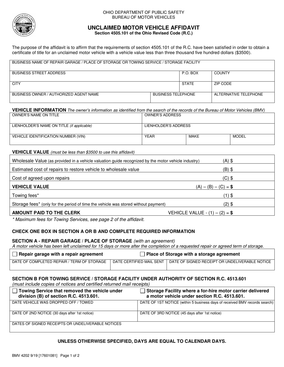 Form BMV4202 Unclaimed Motor Vehicle Affidavit - Ohio, Page 1